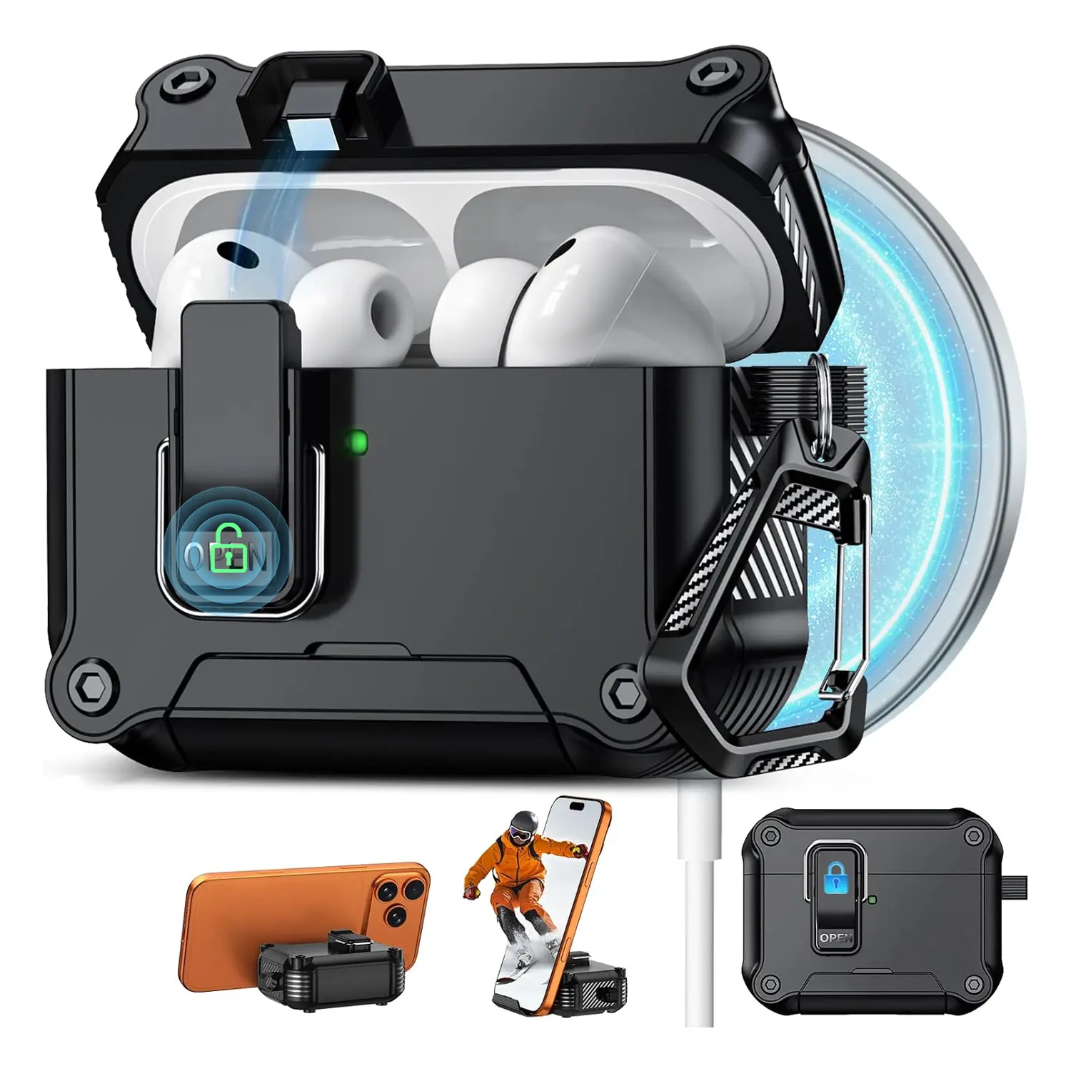 MagSafe AirPods Case with Phone Stand & Keychain, Magnetic Auto-Lock Protective Cover for AirPods 4/4th Gen, AirPods Pro/Pro 2/Pro 3, Shockproof Hard Shell Case