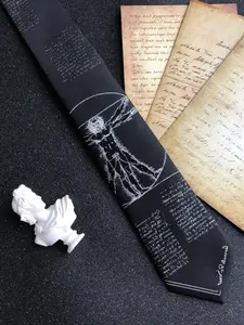 Unique Uomo Vitruviano Leonardo da Vinci Embroidered Skinny Tie, 2400 Needle Jacquard Woven, Artistic Painting Embroidery, Silvery Thread Details, Men's Luxury Accessory, Gift Box included