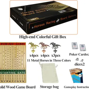21 in Horse Race Board Game Racing Game Thickened Solid Wood with 11 Metal Horses, 2 Cards & 4 Dice, Horse Racing Game for 2-6 Players