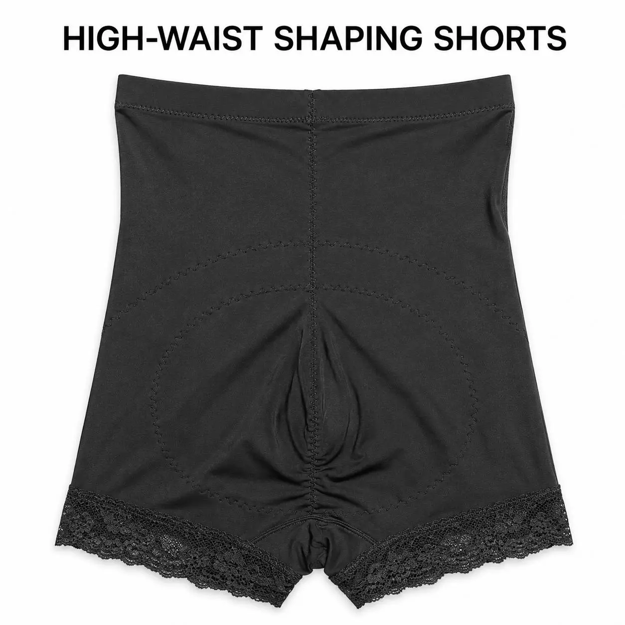 Womens High-Waist Shaping Shorts with Contoured Seams and Floral Lace Leg Trim, Black