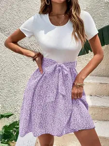 A women's fashionable and casual gentle style patchwork dress, T-shirt patchwork floral short skirt, commuting versatile casual skirt, suitable for all seasons, suitable for home, indoor, outdoor wear