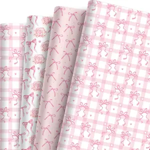 12 Sheets  Bow Wrapping Paper,  Floral Plaid Heart Bow  Wrap Paper I Love You Folded Flat Craft Paper for Valentine Wedding  Shower Supplies, 19.7 x 27.6 Inch