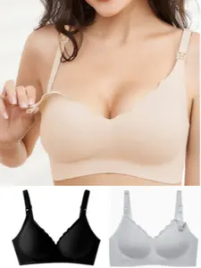 Three-Piece Plus Size Seamless Bra Set, Comfortable No-Wire Design, Anti-Sagging Support, Pregnancy Maternity Bra, Maternity Solid Bra, Maternity Nursing Bras for Postpartum Feeding
