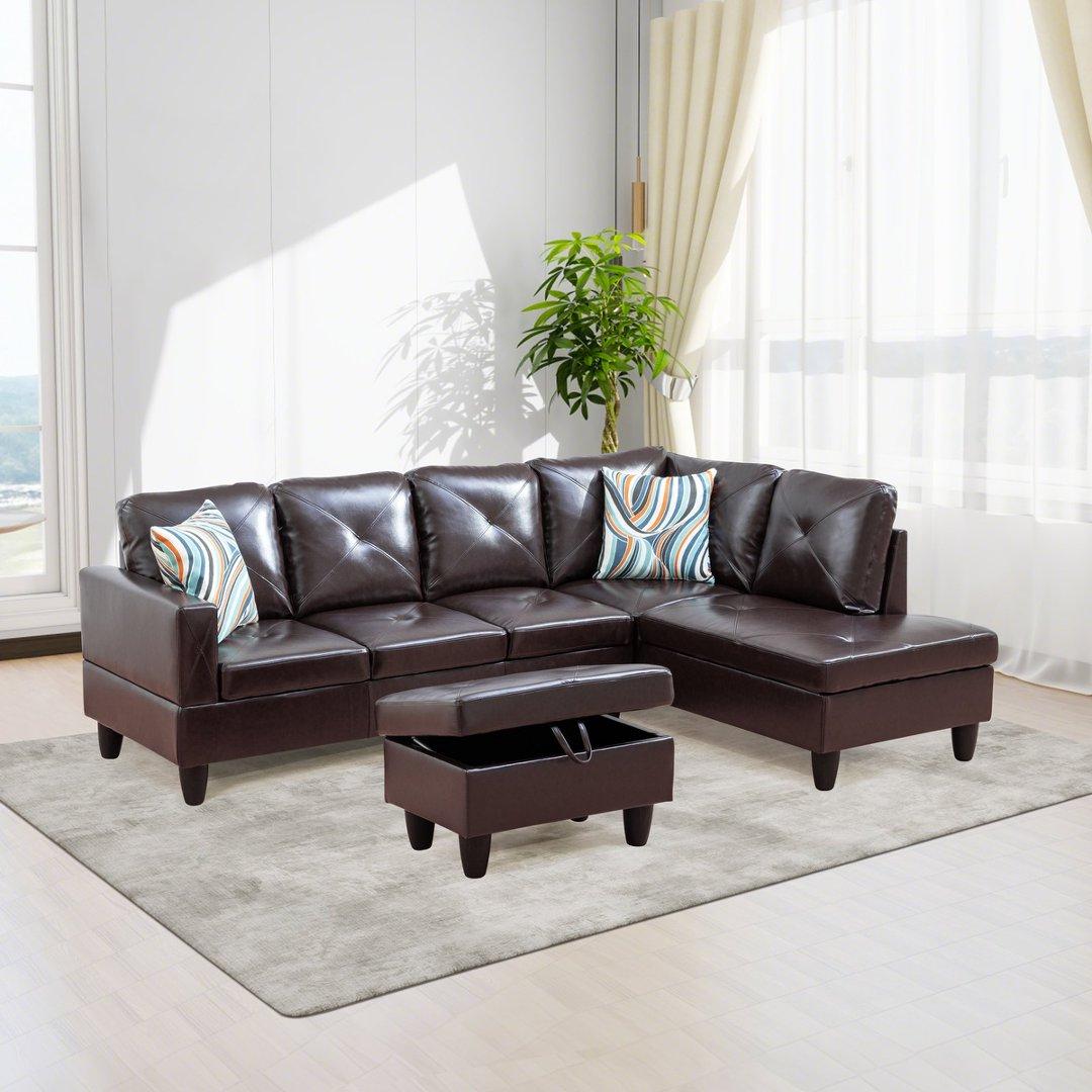 Brown Faux Leather 3-Piece Couch Living Room Sofa Set