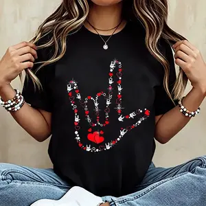 Women's ASL "I Love You" Sign Language Graphic T-Shirt, Red Heart & Sparkle Casual Black Cotton Tee