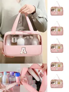 A square solid-color PU and PVC leather makeup bag, featuring embroidered white terry cloth letters A-Z, with a waterproof zipper closure and handle. It is an ideal choice for students' back-to-school toiletry bags or dormitory cosmetic storage.