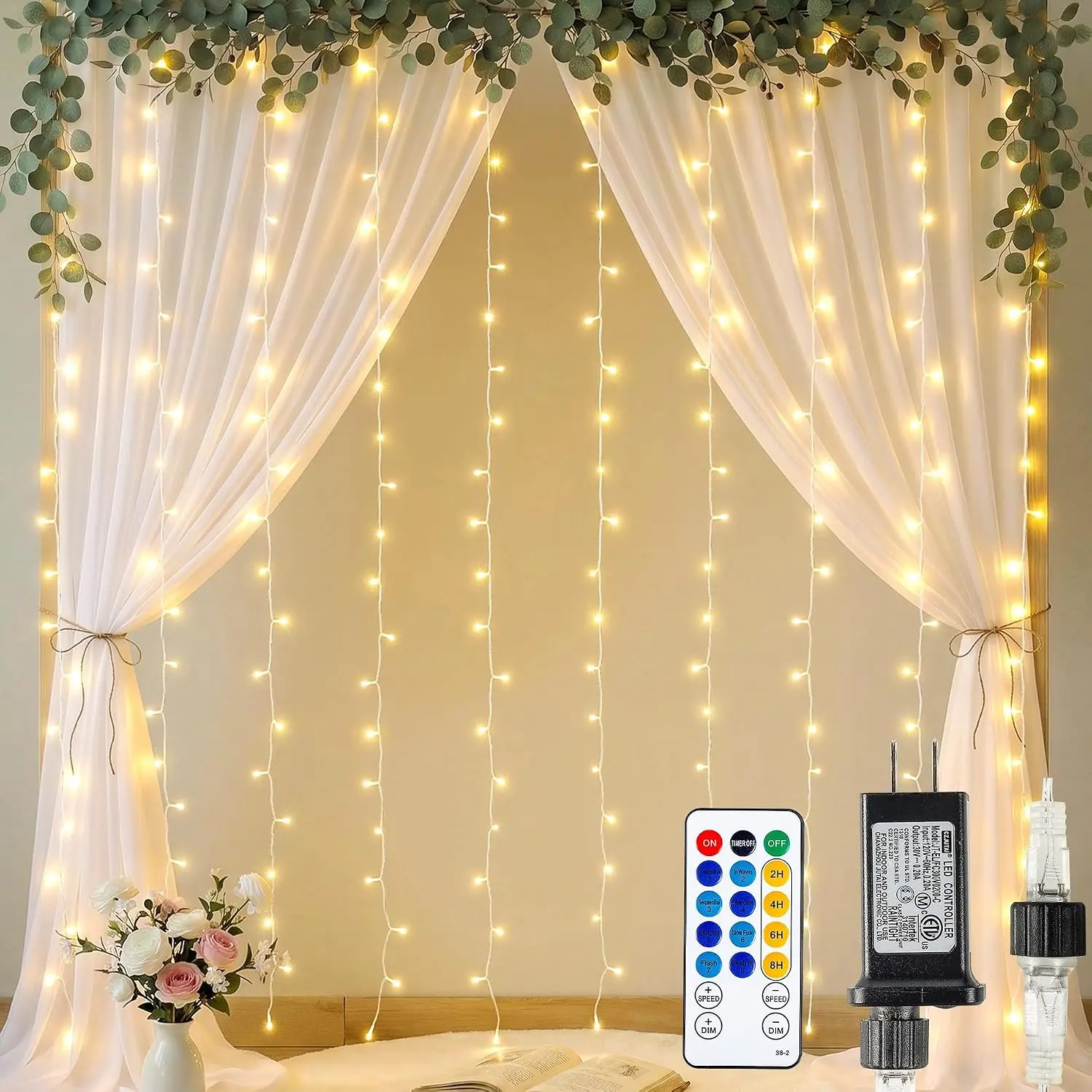 Dazzle Bright 300 LED Curtain Lights Warm White Plug in Fairy String Lights for Bedroom Christmas Outdoor Window Backdrop Wall Wedding Patio Indoor Dorm Party Decor