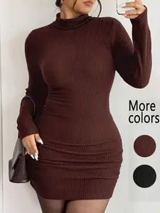 【Plus Size】1 Piece Women's Turtleneck Ribbed Ruched Bodycon Mini Dress, Minimalist Sexy Style, Stretchy Slim-Fit Fabric & Curve-Hugging Design, Long Sleeve Detail, For Fashion-Forward Women, Perfect for Date Nights, Casual Hangouts & TikTok Trendy Looks