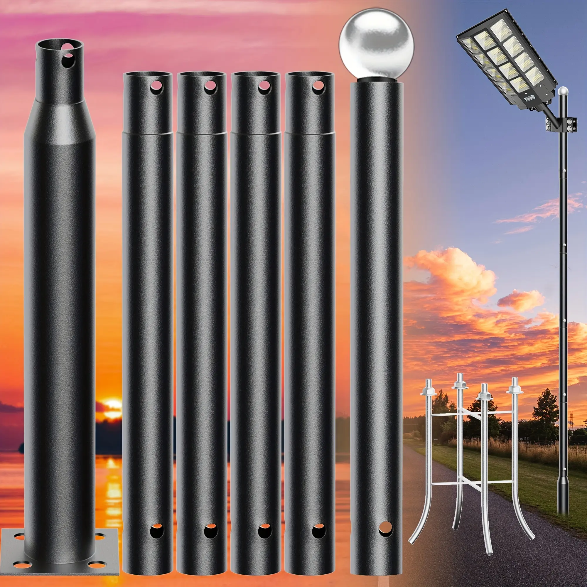 20FT Metal Solar Street Light Pole Kit, Heavy-Duty Modular Weatherproof Outdoor Lamp Post for Residential Yard, Garden