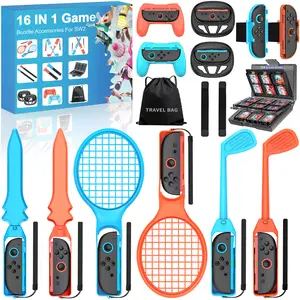 ESYWEN Switch2 Sports Accessories Bundle for Nintendo Switch 2,16-in-1 Family Party Kit with Carrying Bag - Golf clubs, tennis rackets, feet, volleyball straps, wrist straps x2 Sword, steering wheel, grip, 24-card box