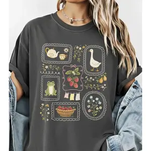 Women's Cottagecore Casual T-Shirt - Smooth Lightweight Fabric Essential, Goose Frog Gardening Tee, Spring Summer Gift for Her