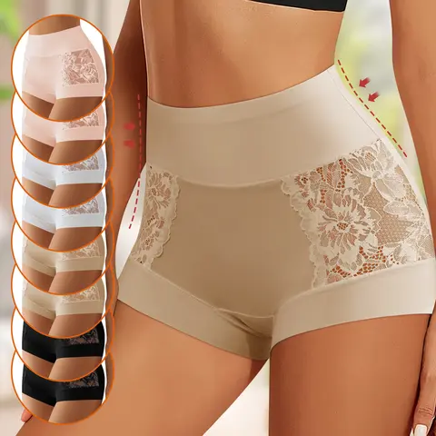 QUASTI Women's 8-Pack High-Waisted Polyester Boy Shorts - 4 Mix Colors, Seamless Smooth Mesh Panels, Anti-Roll Edge, Lace Trim Adds Flirty Edge, Lace-Accent Charm, Skin-Friendly Lightweight Underwear for Women Daily Wear, S-XXL