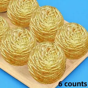 6 Counts Copper Wire Cleaning Ball, Pure Copper Material, Safe for Pots, Golden Brass Steel Wire Brush, Easy Dish Washing Tool