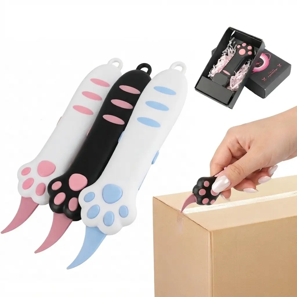 Cute Cat Paw Retractable Box Cutter, 2026 New Mini Portable Utility Knife, Multifunctional Cat Claw Paper Cutter for Boxes, Envelopes & Packages, Gift for Cat Lovers (Pink/Blue/Black, Multiple Color Options)