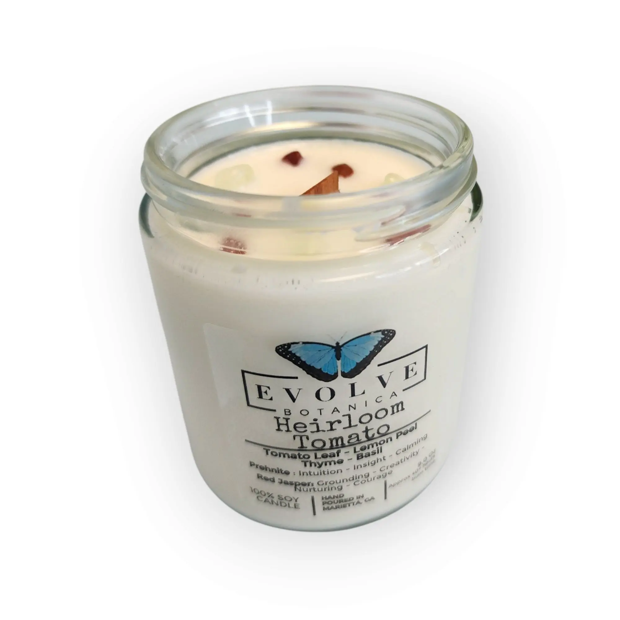Heirloom Tomato 9oz Jam Jar Soy Candle, Prehnite & Red Jasper