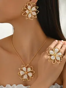 Women Jewelry Set Necklace Earrings Ring Alloy Elegant Plain Design Adjustable Geometric Hollow Petal Suitable Daily Wear & Formal Events