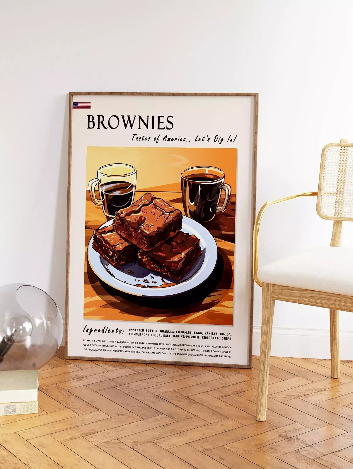 Chocolate Brownies Dessert Art Print - American Food Poster for Kitchen Decor.Room Interior Decor. Poster No Frame