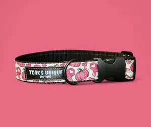 Teak's Unique Handmade Breast Cancer Awareness Dog Collar 1 inch Thick Ribbon Durable Nylon Webbing All Sizes Perfect Fit for Your Dog