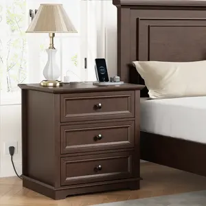Nightstand with Charging Station, 24” Wide End Table with 3 Drawers, Modern Bedside Table with Storage, Wood Small Dresser for Bedroom Room