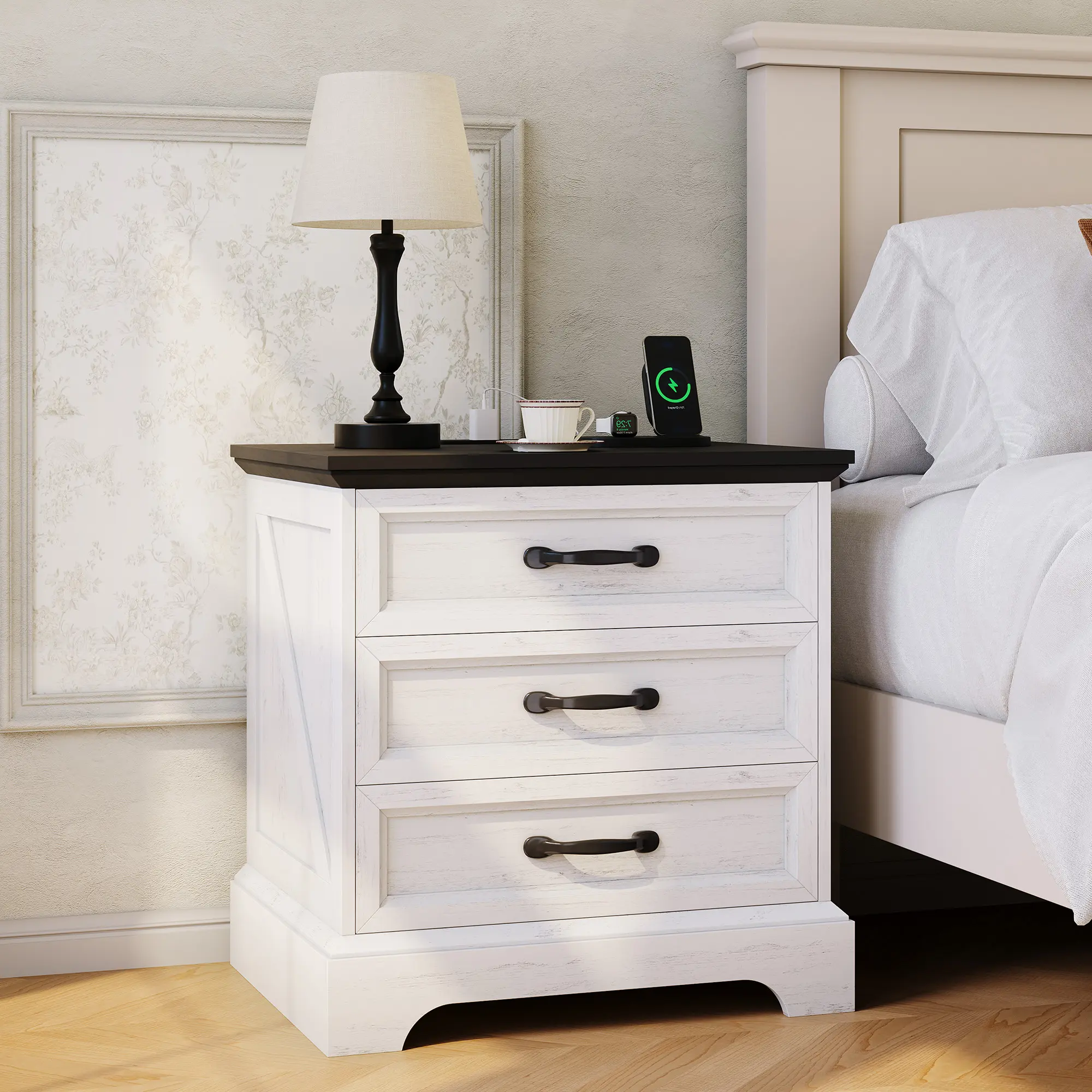 Modern Farmhouse Wood Nightstand - 24" Wide Rustic Side Table with Charging Station, 3 Large Drawers, Storage Cabinet, Dual AC Outlets, Assembly Required for Bedroom, Office, Various Room Types