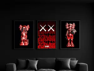 Set of 3 Red KAWS Graffiti Digital Wall Art Posters, Hypebeast Decor Prints