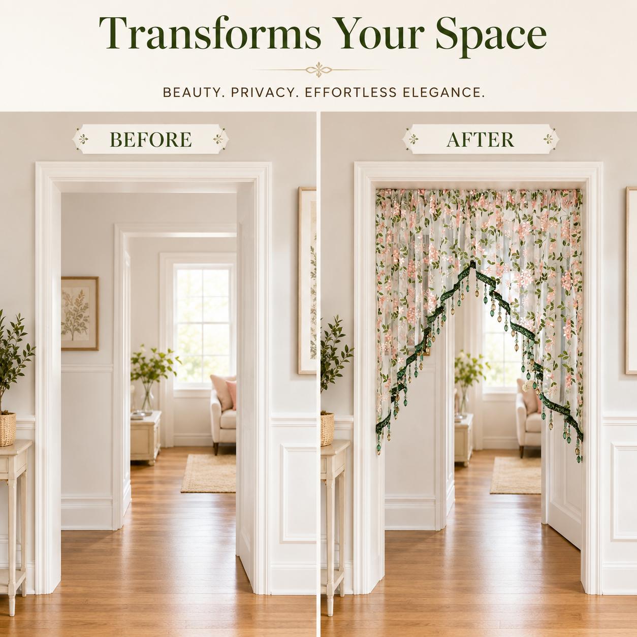 No-drill floral embroidered door curtains, beaded lace curtains perfect for renters' bedrooms, and room dividers that won't damage walls—all beautiful room decorations.