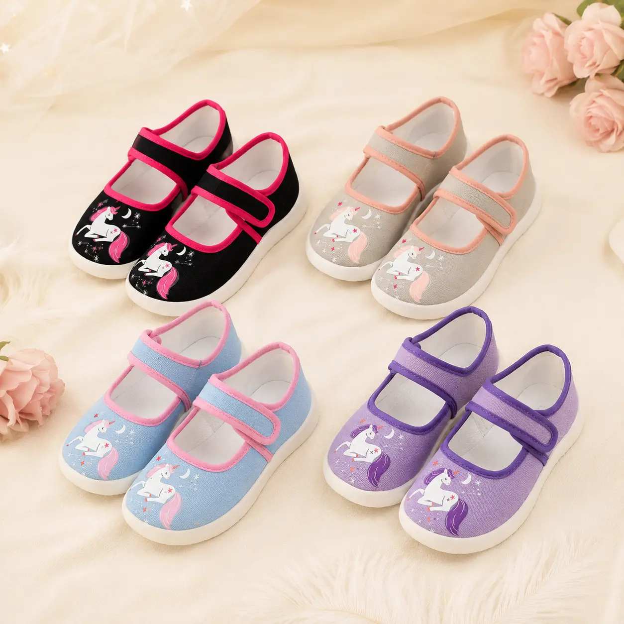 Girls Unicorn Mary Jane Canvas Shoes, Toddler Kids Lightweight Hook Loop Flats, Cute Non-Slip Casual Sneakers for School, Dress, Daily Wear