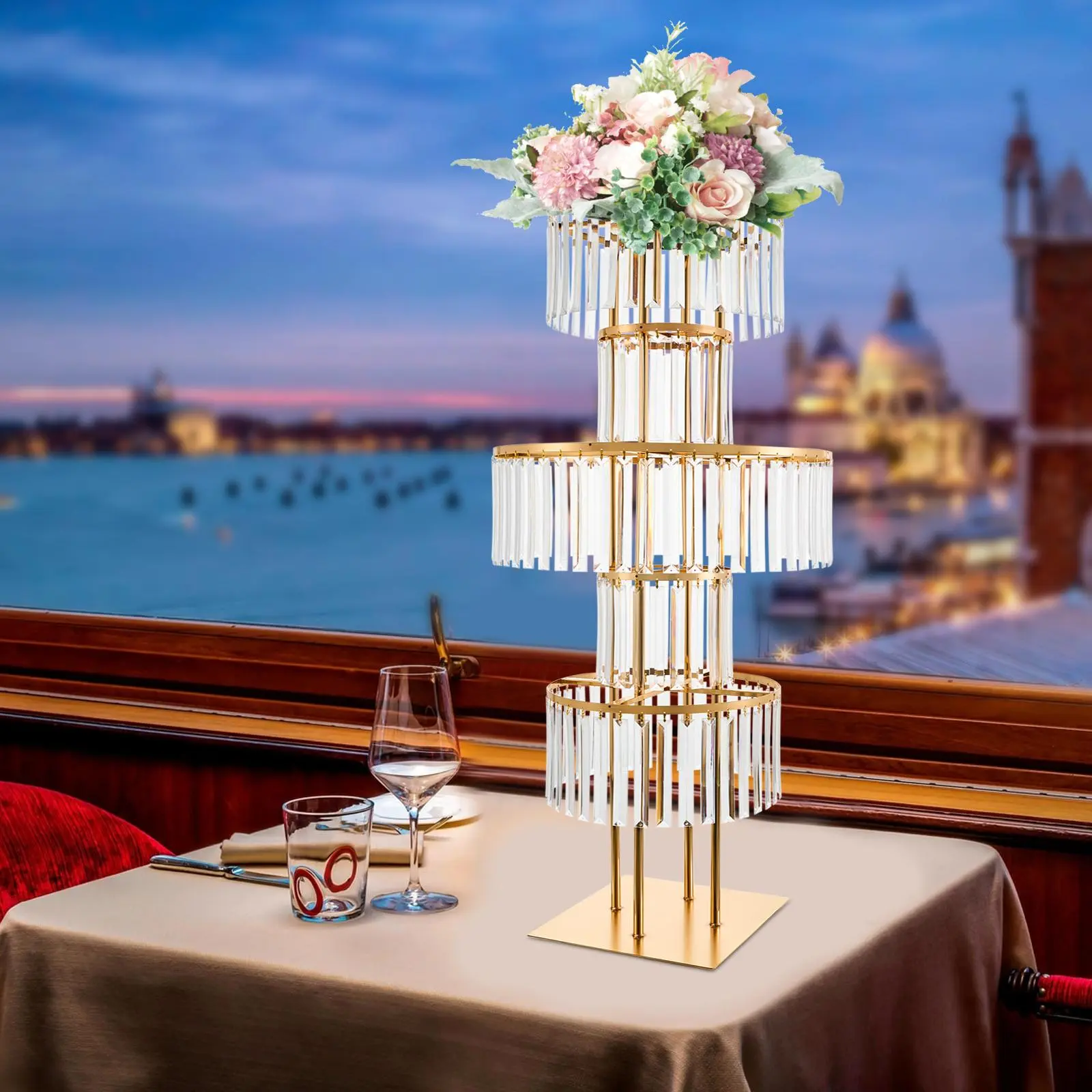 5 Tier Wedding Centerpiece Crystal Planter, Gold Crystal Vase for Centerpiece, Round Flower Chandelier Base, 11.81 inch Metal Pedestal, for Wedding Reception Birthday Party Events Decor Decoration Ornaments