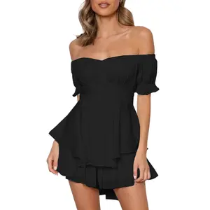 Women Short Jumpsuit, Short Sleeve Off-shoulder Solid Summer Playsuit for Party Club