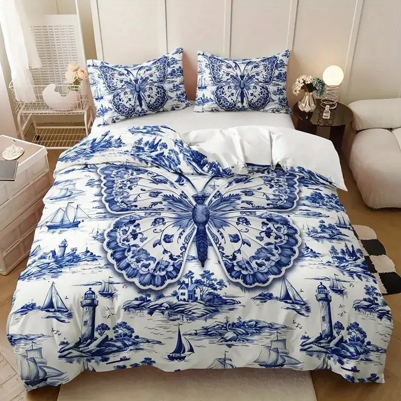 Chinese Blue Nautical Butterfly Bedding Set, Asian Style Polyester Sheet Set, 3 Piece, 1 Fitted Sheet + 2 Pillowcases, All Seasons