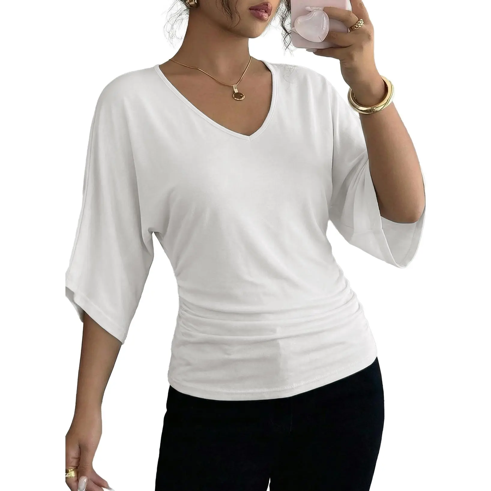 EVALESS Women's Elegant Blouse - Ladies' Dressy Casual V-Neck Top with 3/4 Batwing Sleeves, Ruched Details, Solid Basic Breathable Lightweight Shirt for Business Work
