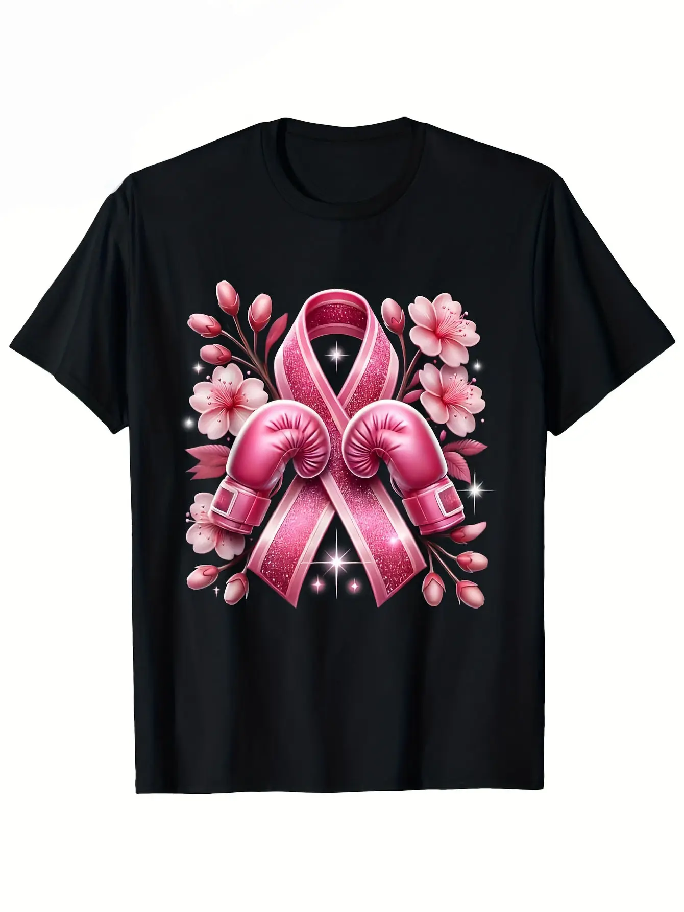 Black Breast Cancer Awareness Warrior Casual T-Shirt Charity Fundraiser Novelty Support Gift Breast Cancer Warrior Support Casual Top Breathable Cherry