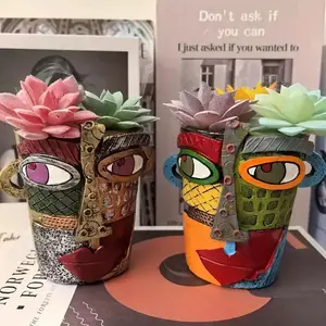 Colorful Abstract Face Resin Planter, Resin Flower Pot, Unique Succulent & Plant Pot, Garden Pot & Planter for Balcony Decor