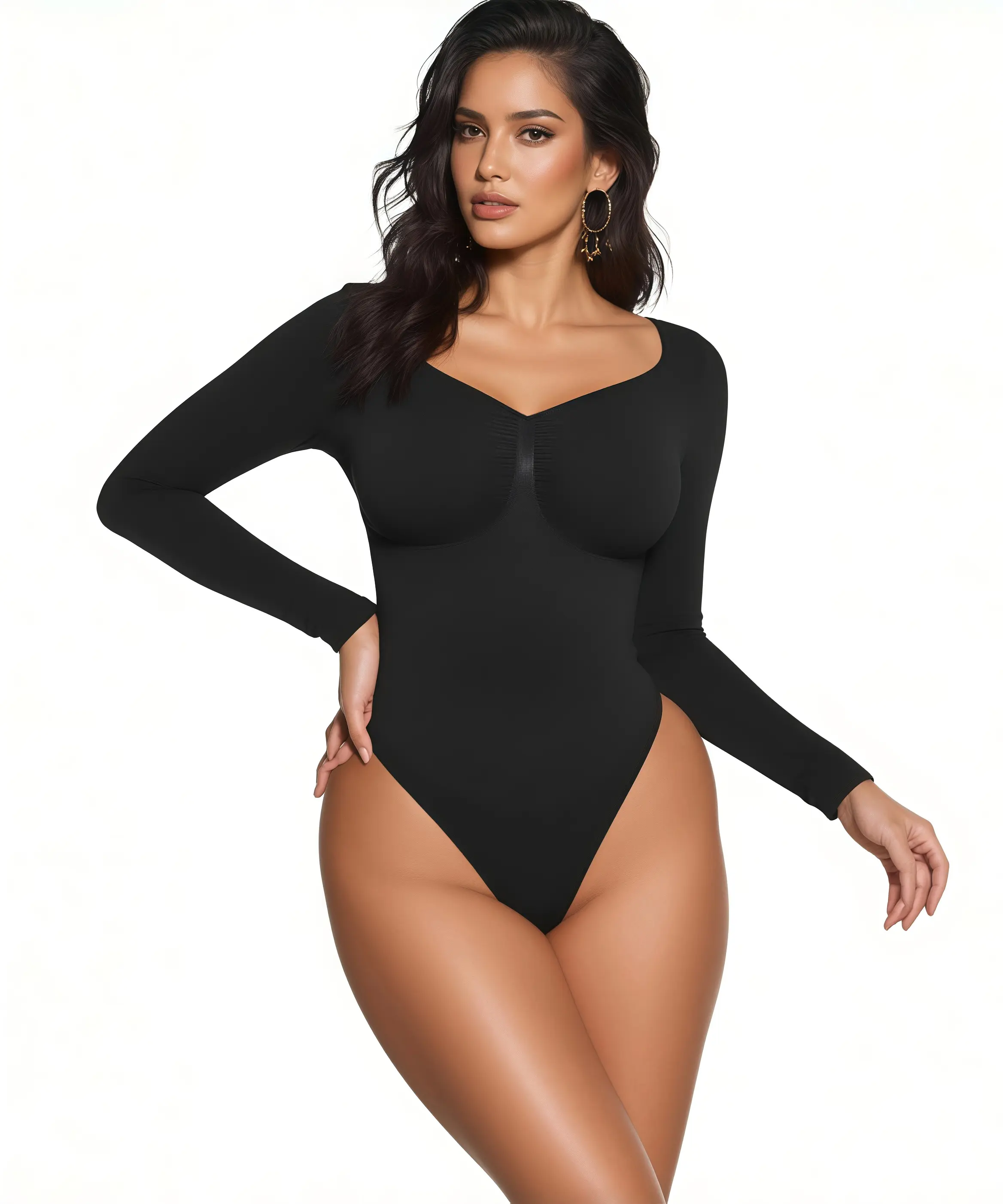 Women's Shaping Bodysuit, Seamless Long Sleeve V-Neck Top with Tummy Control, Arm Shaper, and Hook & Eye Thong Bottom, Lightweight, Wedding, Bridal Lingerie, Body Contouring, 3/4 Coverage, Hook And Eye, Plain, Line Dry, Lady