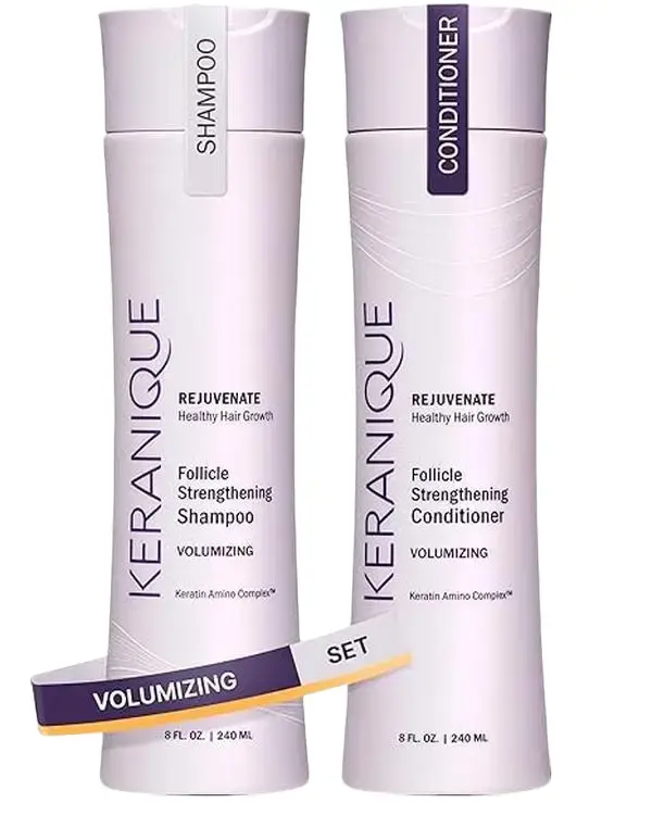 Keranique Volumizing Keratin Cleanser & Conditioner 2-Piece Set, Lightweight Non-Toxic Haircare Kit with Keratin, Amino Acid, Bisabolol, Turmeric, Celery Seed Extract, for Fine Hair Volume Boost, Coumarin-Free, Disodium Laureth Sulfosuccinate-Free, Apium,