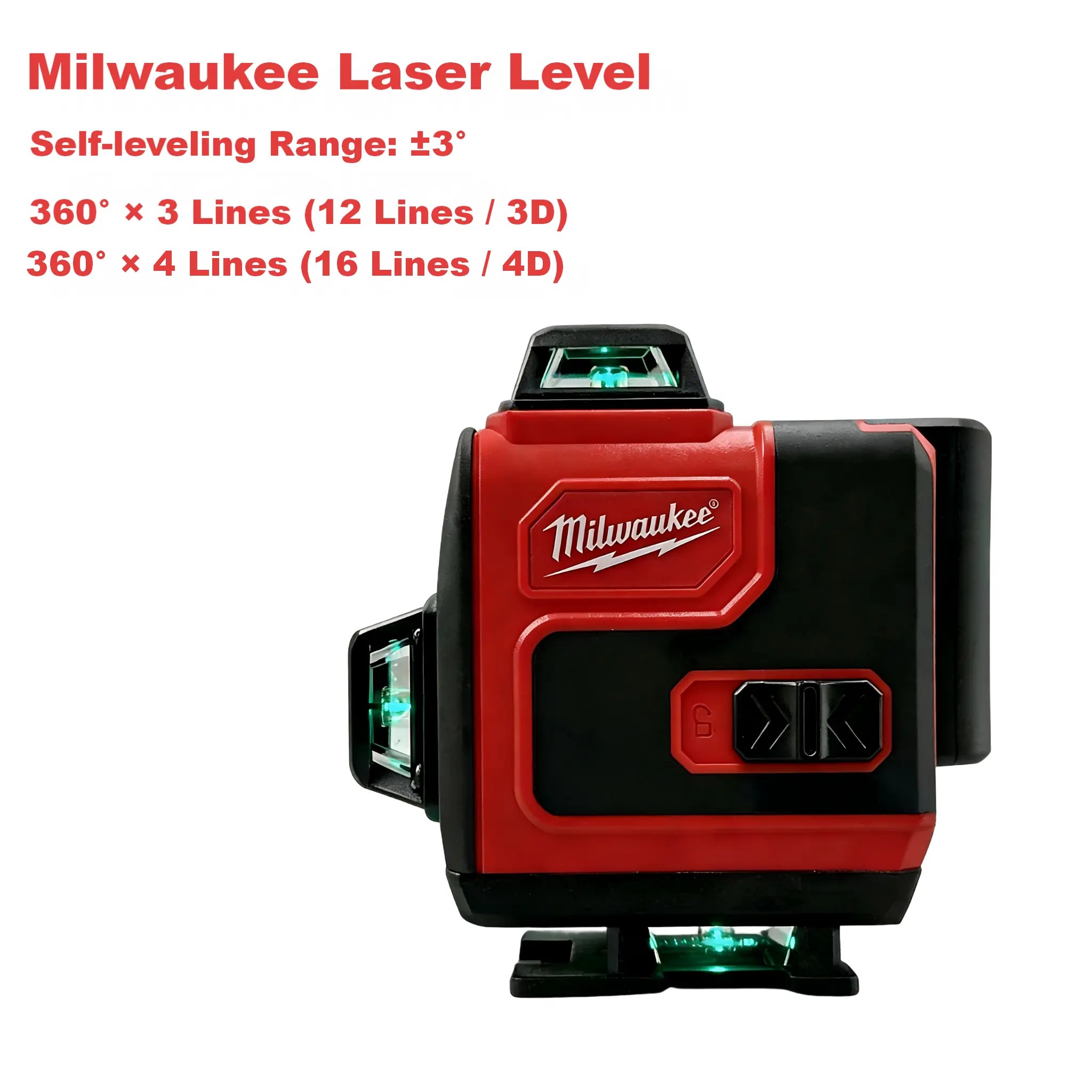 Milwaukee 360 Degree 12/16 Line Green Laser Level, ±3 Degree Self Leveling Range, IP54 Protection Grade, 25m Working Diameter, For Construction Layout And Engineering Survey Use
