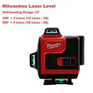 Milwaukee 360 Degree 12/16 Line Green Laser Level, ±3 Degree Self Leveling Range, IP54 Protection Grade, 25m Working Diameter, For Construction Layout And Engineering Survey Use