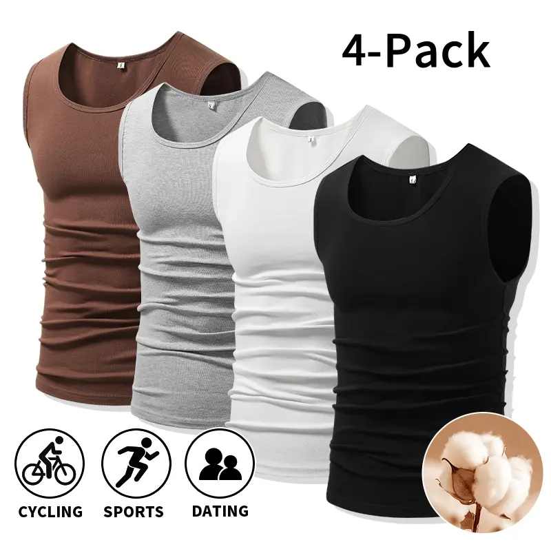 Minimalist basic outfits, date looks, light workouts, and casual commutes | 4-pack multicolor rotation set, classic U-neck slim-fit sleeveless undershirts, skin-fitting base layers, layerable inner tops, breathable and comfortable