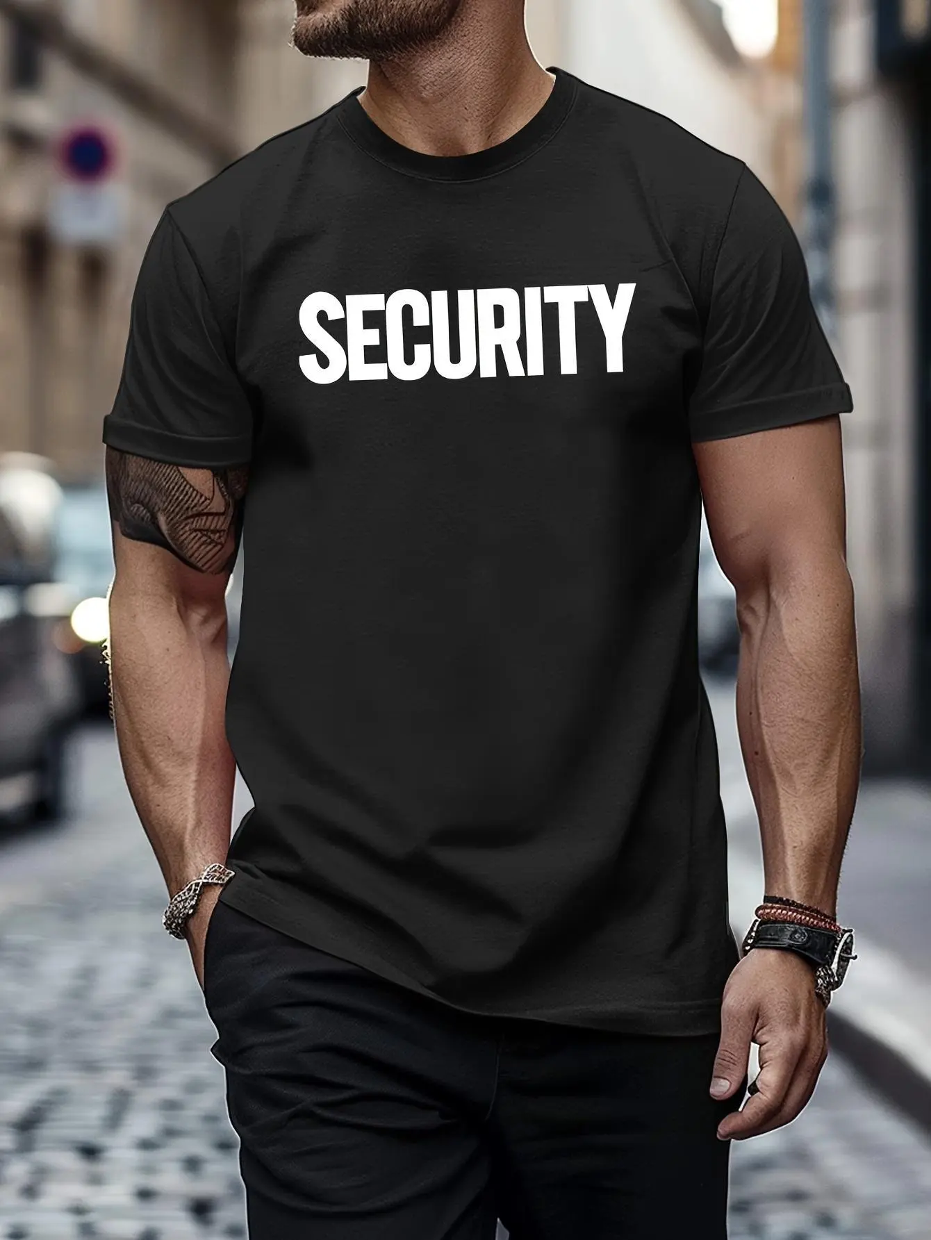 Men's Crew Neck T-Shirt Black SECURITY Text Print for Security Guard Duty Plus Size