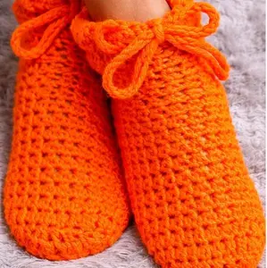 Orange Crochet Slippers with Bow Detail - Cozy and Comfortable Footwear for Home Use