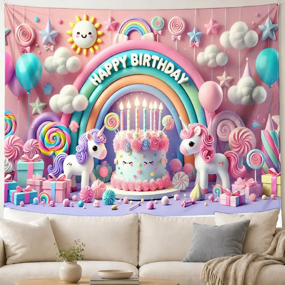 2D Flat, 2D Flat Printing Backdrop tapestry 1pc, Birthday Celebration with Unicorns Backdrop tapestry, Durable Fabric for Photography, Live Streaming, Weddings Parties, Indoor/Outdoor Decor, No Electricity Needed, Easy Hang Design