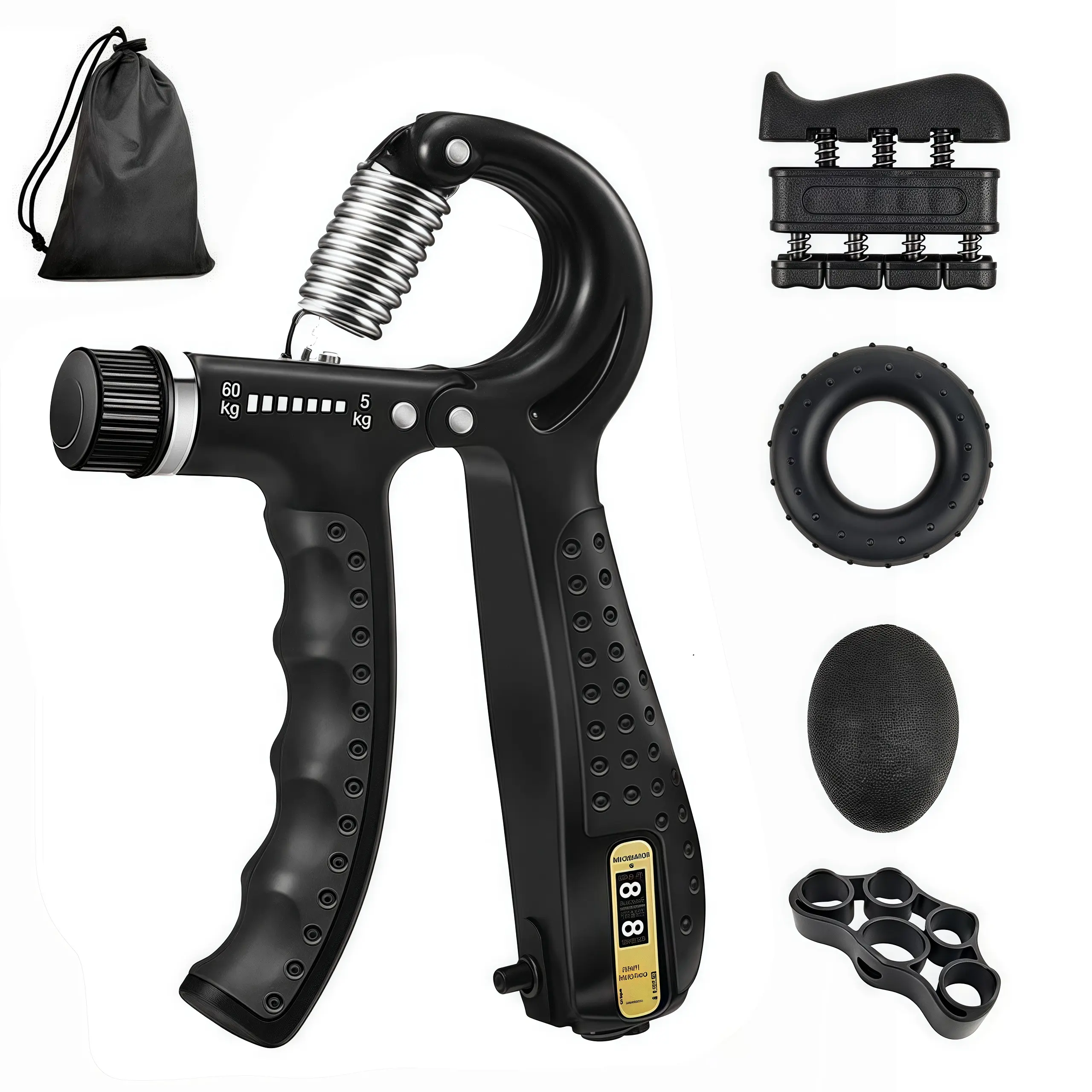 Unisex 5-Piece Grip Strength Trainer Kit - Adjustable Handgrip, Forearm Exerciser with Counting Feature, Finger Trainer, Ring, Stress Ball, Portable Carry Bag, Home Gym Fitness Equipment, Gift for Boyfriends