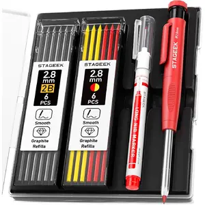 Carpenter pencil set, with sharpener, heavy-duty carpenter tools, includes 13 replacement cores (red, black, yellow), construction pencils and deep-hole long-tip marking pencils, suitable for architects' marking, comes with a storage box
