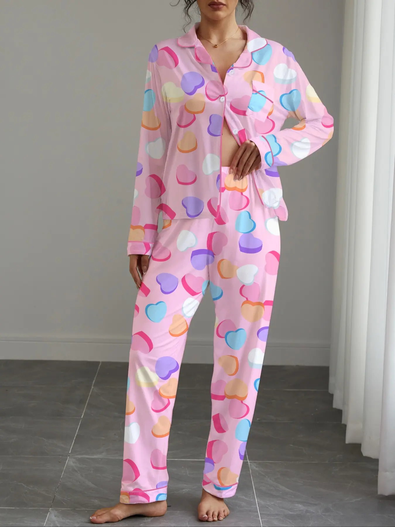 Women's Fall Winter Pajama Set, Funny Pajamas, Heart Print Sleepwear, Button Front Long Sleeve Fitted Top & Elastic Pants, Soft Stretchy Fabric Loungewear, Pjs, Womenswear, Homewear, Pyjamas, Nightwear Outfit