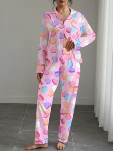 Women's Fall Winter Pajama Set, Heart Print Sleepwear, Button Front Long Sleeve Top & Elastic Pants, Soft Stretchy Fabric Loungewear
