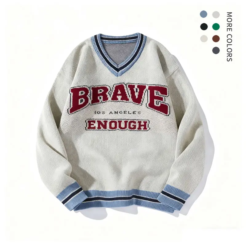 #Springfresh Men's V-neck pullover sweater, loose casual long sleeved shirt, seasonal basic shirt, fashionable men's university style neutral sweater, men's pullover sweater, knitted printed jacquard letters, versatile colors