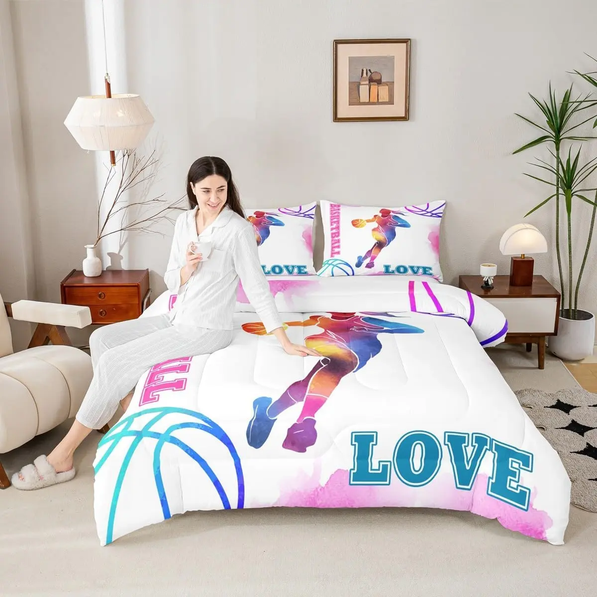 Basketball Lovers Comforter Set,Modern Sports Games Competition Bedding Set Adults Room Decor,Hand Painted Fashion Down Comforter,Pink Purple Duvet Insert