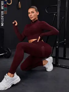 Seamless Knit Zip Long Sleeve Yoga Top Set, Daily Tight Women's Activewear Set, All Season Fitness, Athletic Activewear Tracksuits