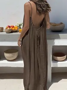 Pure Color Backless Strap Loose Fit Maxi Long Dress, Casual Sleeveless Plain Design, Perfect for Vacation Style, Women's Fashion