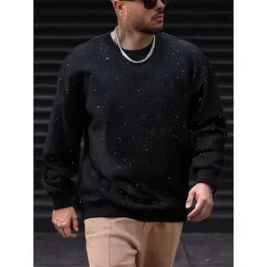 Men's Starry Sky Rhinestone Black Sweatshirt, Spring and Autumn Round Neck, Casual Versatile Trendy Long-sleeve Top
